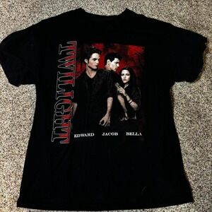 Twilight black cotton tee with Bella, Edward, and Jacob on the front. Size M